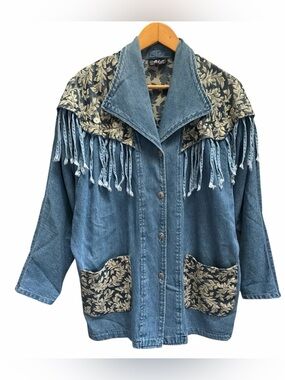 Vintage Denim Fringe Western Jacket Dolman Sleeve Brocade Trim L/XL